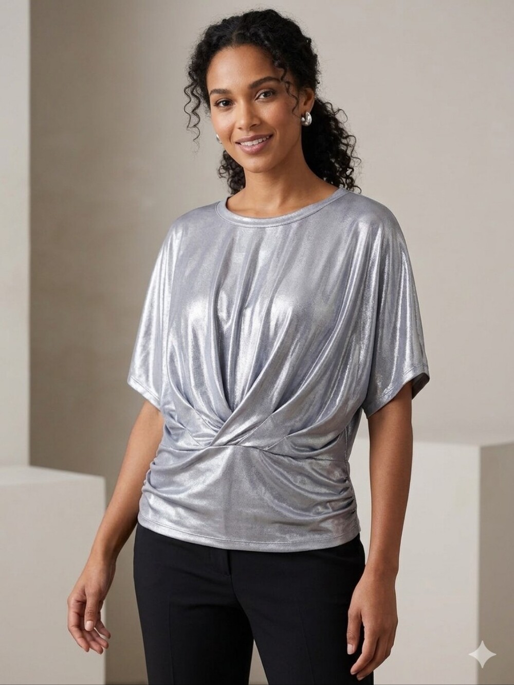 Cynthia Steffe NWT Metallic Silver Twist-Front Women's Top, Size XL
